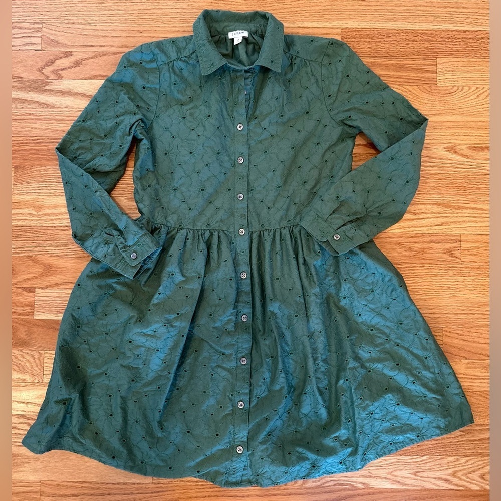 J.Crew Women’s Size 2 Green Eyelet Mini Dress Button Front Collared Cottagecore